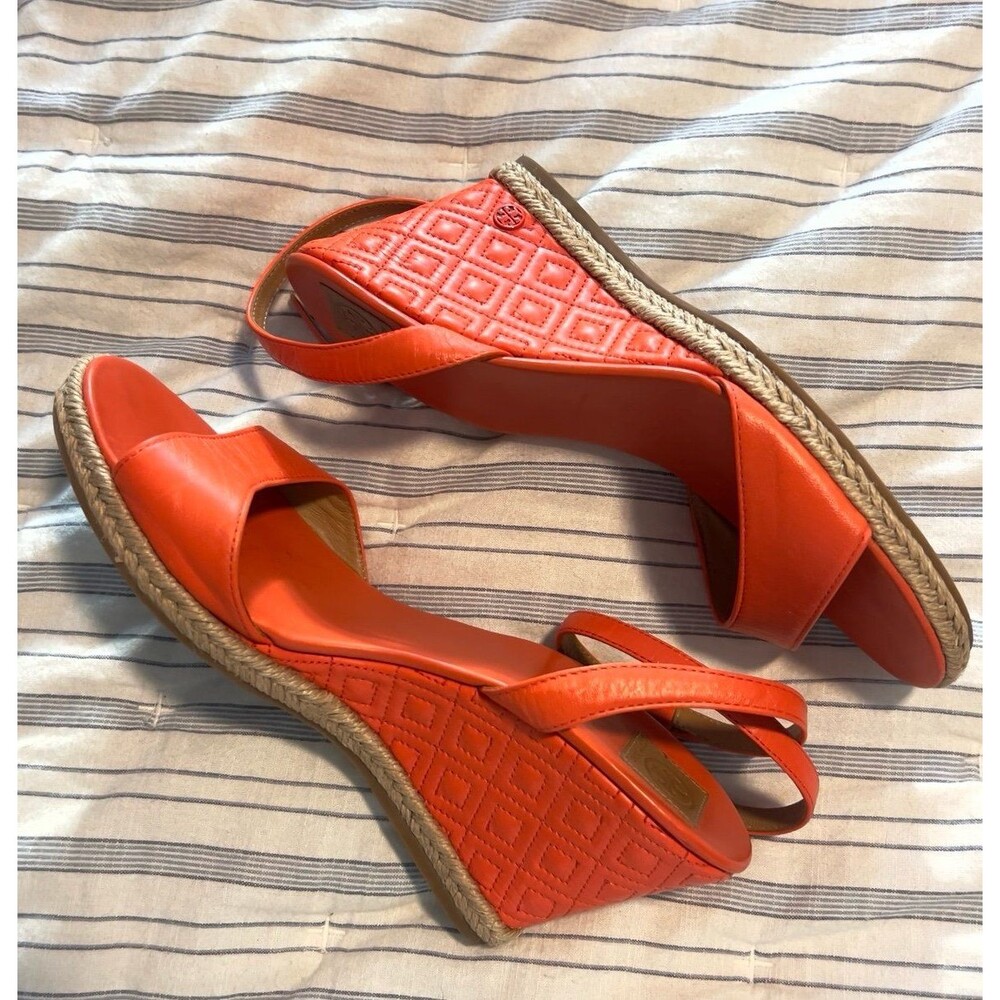 Tory Burch Marion Leather Quilted Wedge Strappy Sandals in Orange Women’s Size 9 - Picture 12 of 12